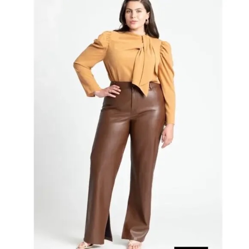 NWT Brown ELOQUII Washable Faux Leather Slit Hem Pants 26